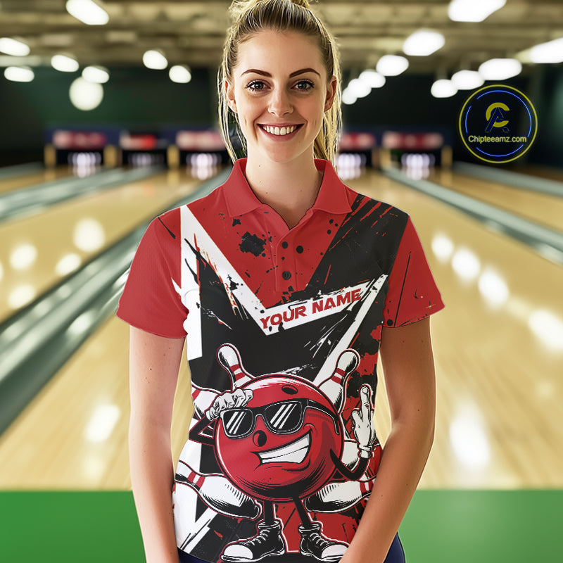 Custom Black And Red Star Funny Bowling Polo Shirts For Women, Bowling Tournament Shirt IPHW9358