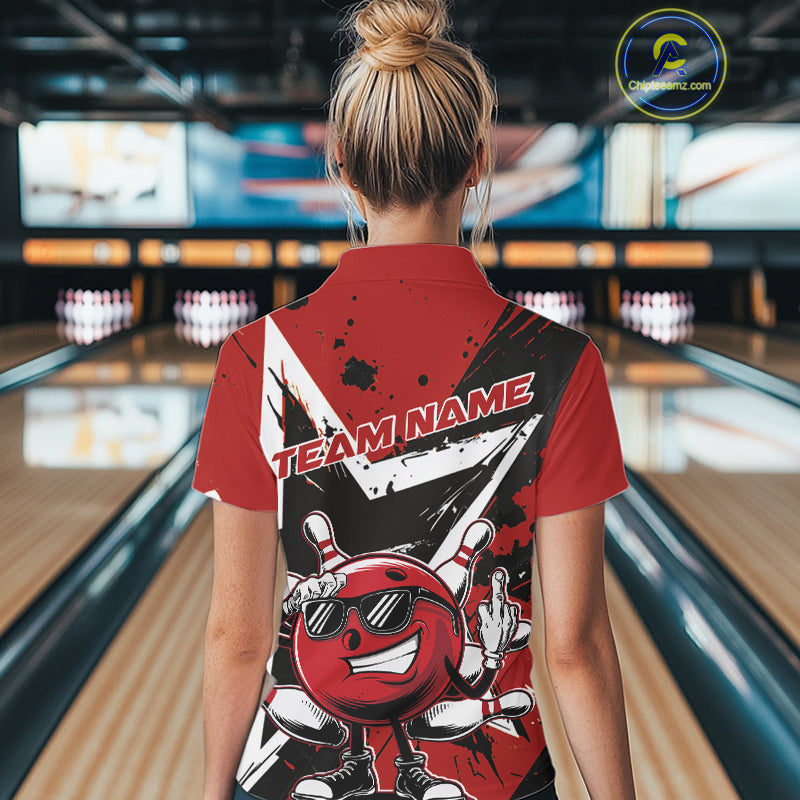 Custom Black And Red Star Funny Bowling Polo Shirts For Women, Bowling Tournament Shirt IPHW9358