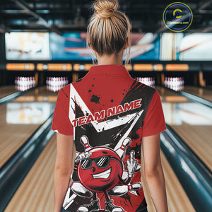 Custom Black And Red Star Funny Bowling Polo Shirts For Women, Bowling Tournament Shirt IPHW9358