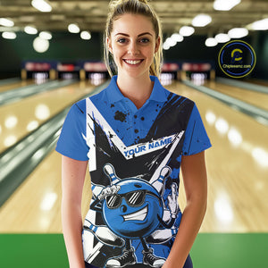 Custom Black And Blue Star Funny Bowling Polo Shirts For Women, Bowling Tournament Shirt IPHW9359