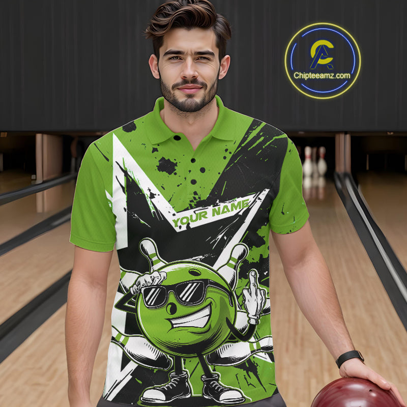 Custom Black And Green Star Funny Bowling Polo Shirts For Men, Bowling Tournament Shirt IPHW9360