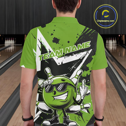 Custom Black And Green Star Funny Bowling Polo Shirts For Men, Bowling Tournament Shirt IPHW9360