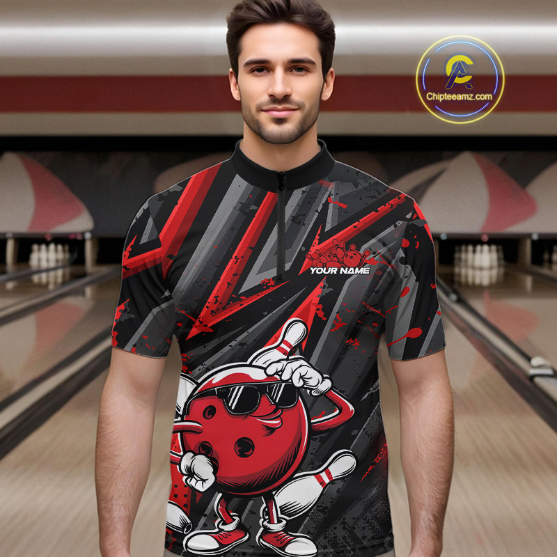 Black And Red Funny Custom Bowling Jerseys, Cool Bowling Quarter-Zip Shirts For Men IPHW9361