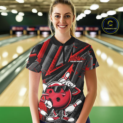 Black And Red Funny Custom Bowling Jerseys, Cool Bowling Quarter-Zip Shirts For Women IPHW9361