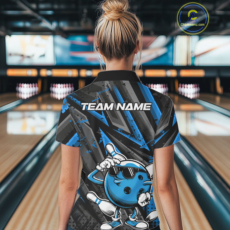 Black And Blue Funny Custom Bowling Jerseys, Cool Bowling Polo Shirts For Women IPHW9362