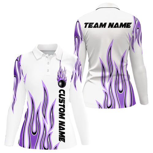 Personalized Flame Bowling Long Sleeve Polo Shirt For Women, Bowling Ball Custom Team Shirt IPHW4986