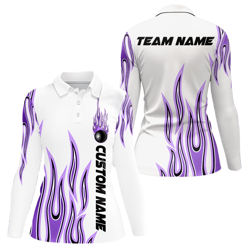 Personalized Flame Bowling Long Sleeve Polo Shirt For Women, Bowling Ball Custom Team Shirt IPHW4986