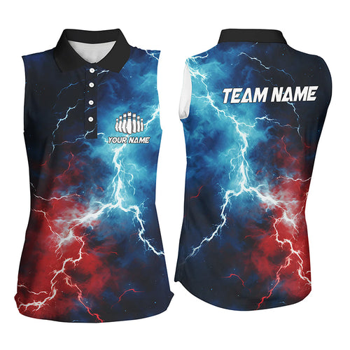 Red White And Blue Custom Sleeveless Bowling Shirts For Women, Patriotic Female Bowling Sirts IPHW5253