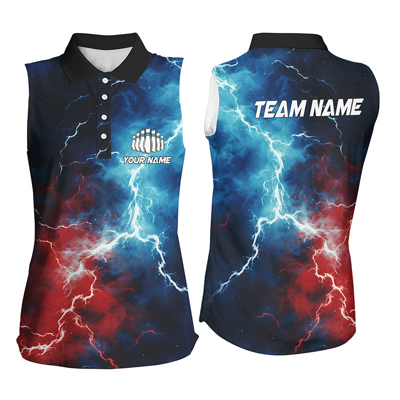 Red White And Blue Custom Sleeveless Bowling Shirts For Women, Patriotic Female Bowling Sirts IPHW5253