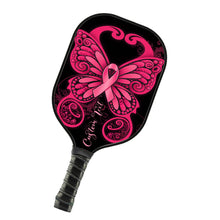 Load image into Gallery viewer, Black And Pink Breast Cancer Ribbon Butterfly Custom Pickleball Paddle, Breast Cancer Awareness Paddles IPHW7502