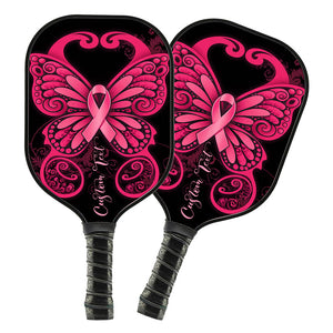 Black And Pink Breast Cancer Ribbon Butterfly Custom Pickleball Paddle, Breast Cancer Awareness Paddles IPHW7502