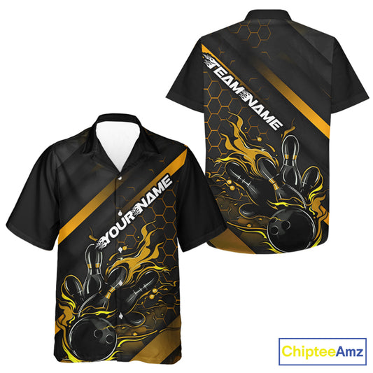 Custom Black And Gold Flame Bowling Hawaiian Shirts For Men, Bowling Team Bowling League Shirts IPHW7505