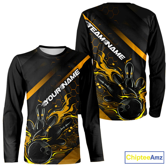 Custom Black And Gold Flame Bowling Long Sleeve Shirts For Men, Bowling Team Bowling League Shirts IPHW7505