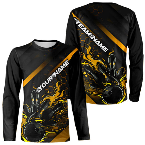 Custom Black And Gold Flame Bowling Long Sleeve Shirts For Men, Bowling Team Bowling League Shirts IPHW7505
