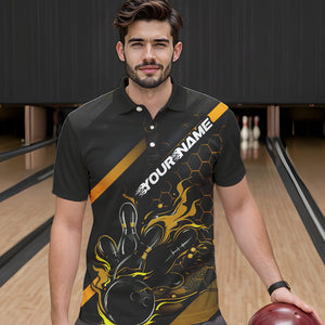 Custom Black And Gold Flame Bowling Shirts For Men, Bowling Team Bowling League Shirts IPHW7505