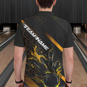 Custom Black And Gold Flame Bowling Shirts For Men, Bowling Team Bowling League Shirts IPHW7505