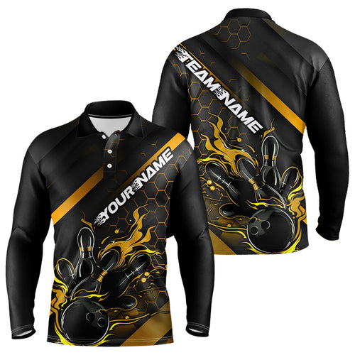 Custom Black And Gold Flame Bowling Long Sleeve Polo Shirts For Men, Bowling League Shirts IPHW7505