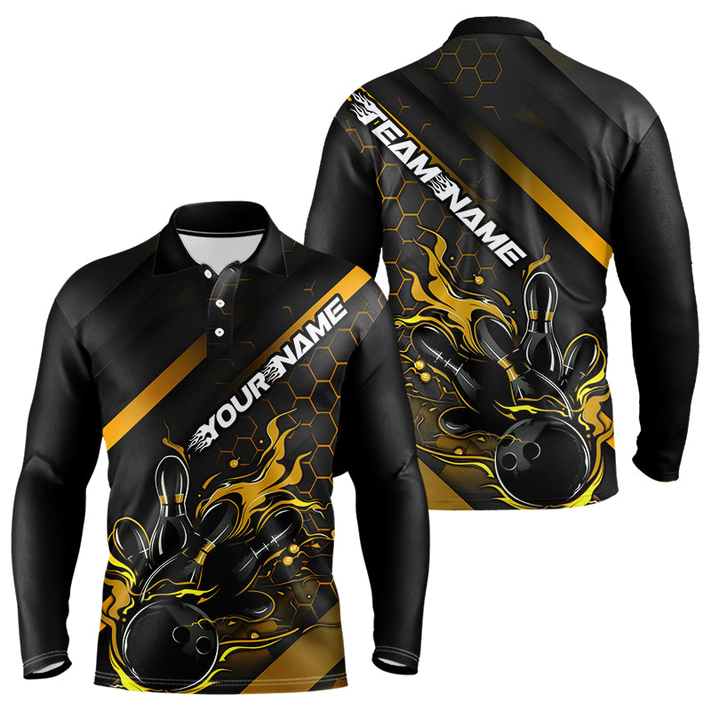 Custom Black And Gold Flame Bowling Long Sleeve Polo Shirts For Men, Bowling League Shirts IPHW7505