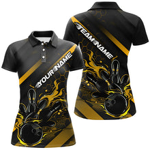 Load image into Gallery viewer, Custom Black And Gold Flame Bowling Shirts For Women, Bowling Team Bowling League Shirts IPHW7505