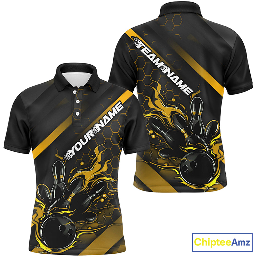 Custom Black And Gold Flame Bowling Shirts For Men, Bowling Team Bowling League Shirts IPHW7505