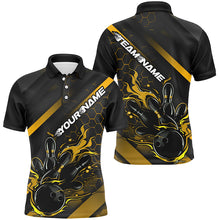 Load image into Gallery viewer, Custom Black And Gold Flame Bowling Shirts For Men, Bowling Team Bowling League Shirts IPHW7505