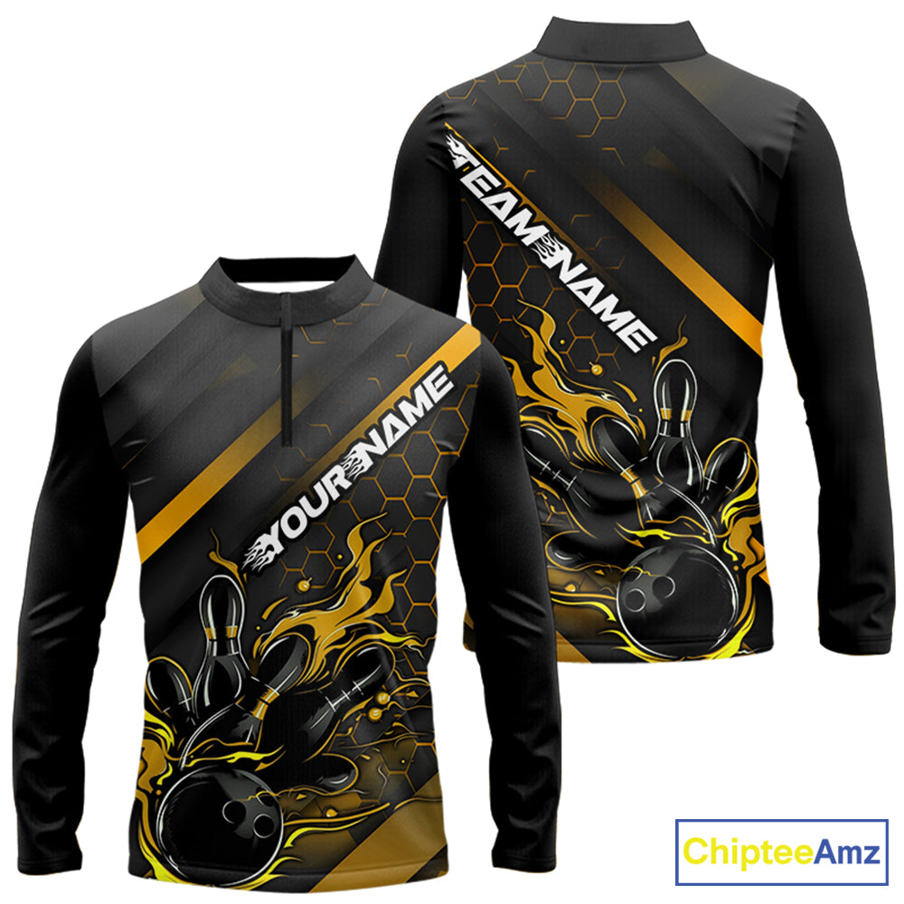 Custom Black And Gold Flame Bowling Long Sleeve Quarter-Zip Shirts For Men, Bowling League Shirts IPHW7505