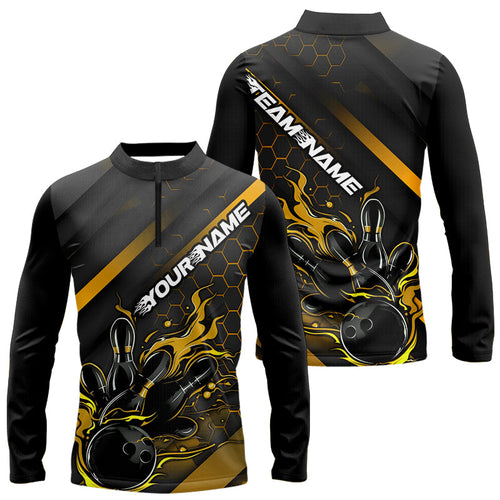Custom Black And Gold Flame Bowling Long Sleeve Quarter-Zip Shirts For Men, Bowling League Shirts IPHW7505