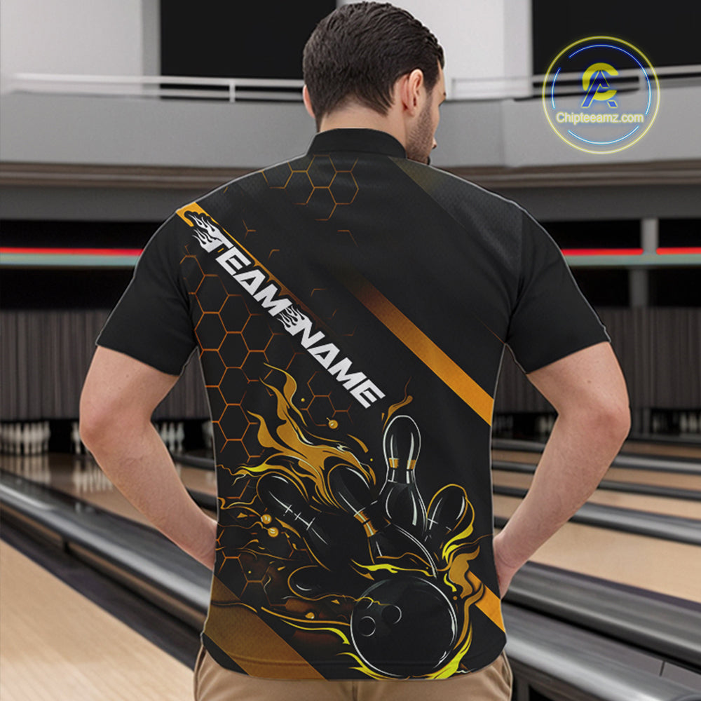 Custom Black And Gold Flame Bowling Shirts For Men, Bowling Team Bowling League Shirts IPHW7505