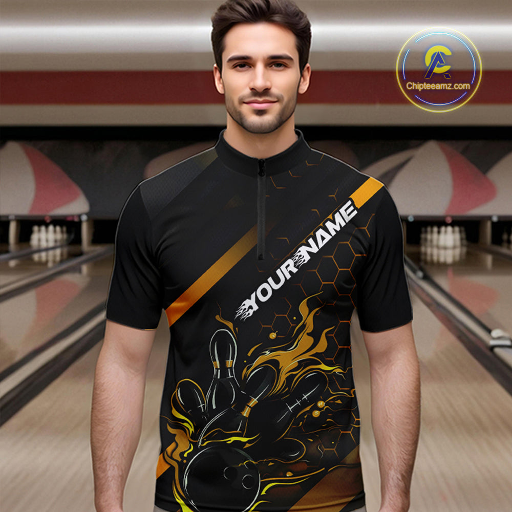 Custom Black And Gold Flame Bowling Shirts For Men, Bowling Team Bowling League Shirts IPHW7505