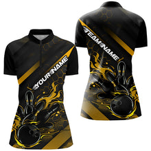 Load image into Gallery viewer, Custom Black And Gold Flame Bowling Shirts For Women, Bowling Team Bowling League Shirts IPHW7505