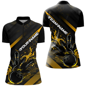 Custom Black And Gold Flame Bowling Shirts For Women, Bowling Team Bowling League Shirts IPHW7505