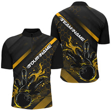 Load image into Gallery viewer, Custom Black And Gold Flame Bowling Shirts For Men, Bowling Team Bowling League Shirts IPHW7505