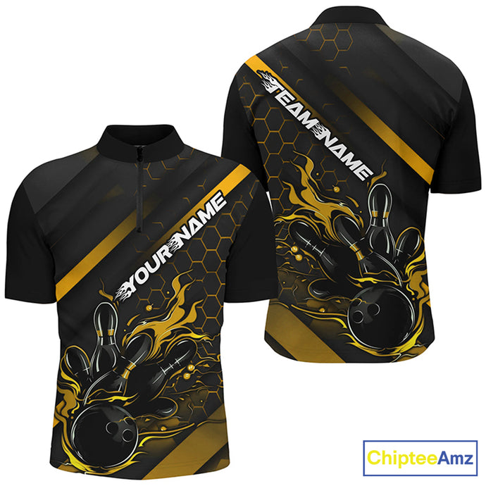 Custom Black And Gold Flame Bowling Shirts For Men, Bowling Team Bowling League Shirts IPHW7505