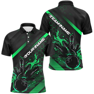 Custom Black And Green Flame Bowling Shirts For Men, Bowling Team Bowling League Shirts IPHW7506