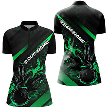 Load image into Gallery viewer, Custom Black And Green Flame Bowling Shirts For Women, Bowling Team Bowling League Shirts IPHW7506