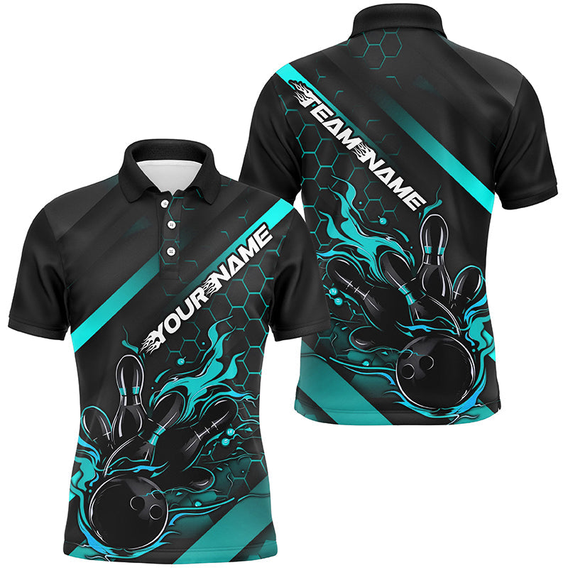 Custom Black And Blue Flame Bowling Shirts For Men, Bowling Team Bowling League Shirts IPHW7507