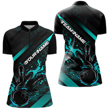 Load image into Gallery viewer, Custom Black And Blue Flame Bowling Shirts For Women, Bowling Team Bowling League Shirts IPHW7507