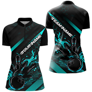 Custom Black And Blue Flame Bowling Shirts For Women, Bowling Team Bowling League Shirts IPHW7507