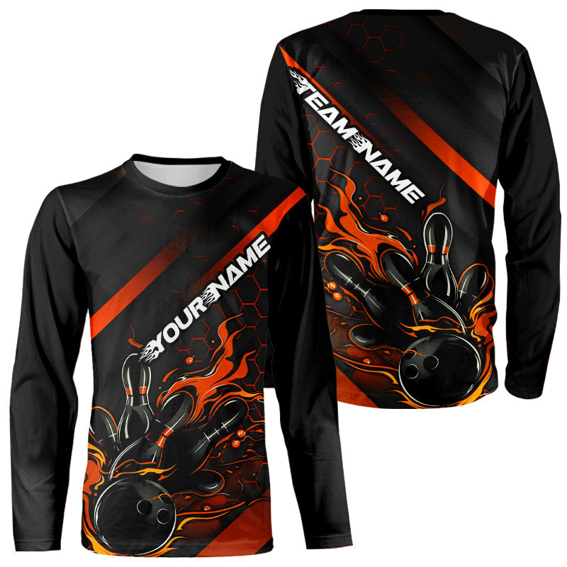 Custom Black And Orange Flame Bowling Long Sleeve Shirts For Men, Bowling Team Bowling League Shirts IPHW7508