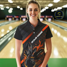 Load image into Gallery viewer, Custom Black And Orange Flame Bowling Shirts For Women, Bowling Team Bowling League Shirts IPHW7508