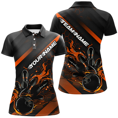 Custom Black And Orange Flame Bowling Shirts For Women, Bowling Team Bowling League Shirts IPHW7508