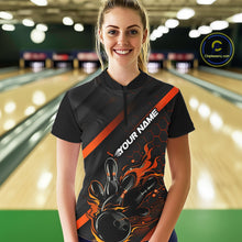 Load image into Gallery viewer, Custom Black And Orange Flame Bowling Shirts For Women, Bowling Team Bowling League Shirts IPHW7508