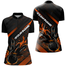 Load image into Gallery viewer, Custom Black And Orange Flame Bowling Shirts For Women, Bowling Team Bowling League Shirts IPHW7508