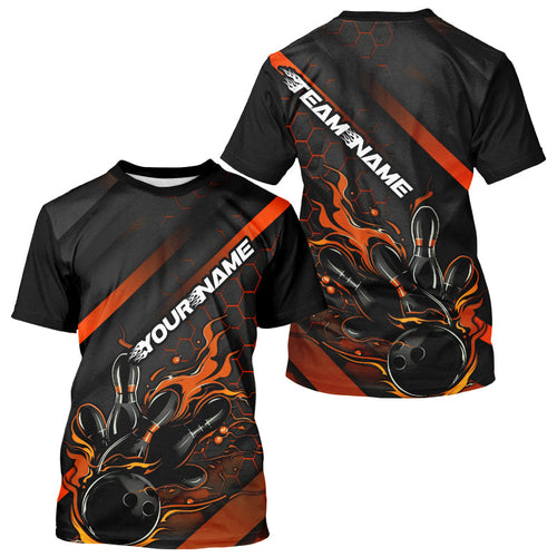 Custom Black And Orange Flame Bowling T-Shirts For Men, Bowling Team Bowling League Shirts IPHW7508