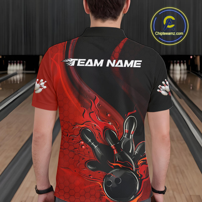 Custom Black And Red Flame Bowling Polo Shirt For Men, Bowling Team League Shirt IPHW9872
