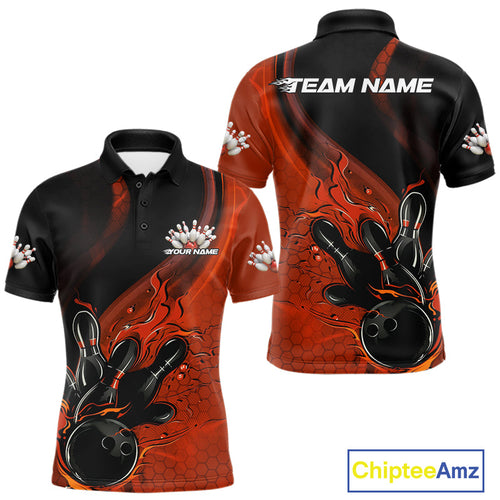 Custom Black And Orange Flame Bowling Polo Shirt For Men, Bowling Team League Shirt IPHW9873