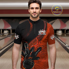 Load image into Gallery viewer, Custom Black And Orange Flame Bowling Quarter-Zip Shirt For Men, Bowling Team League Shirt IPHW9873