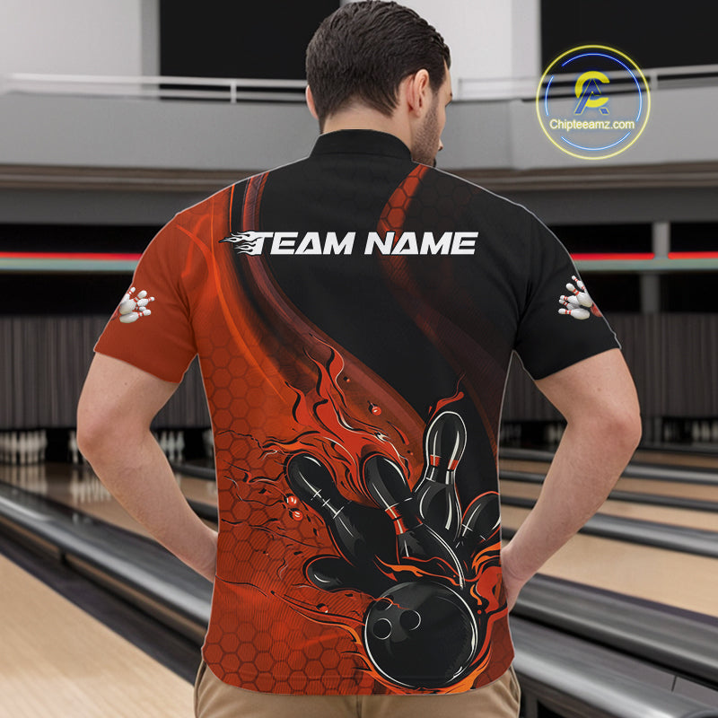 Custom Black And Orange Flame Bowling Quarter-Zip Shirt For Men, Bowling Team League Shirt IPHW9873