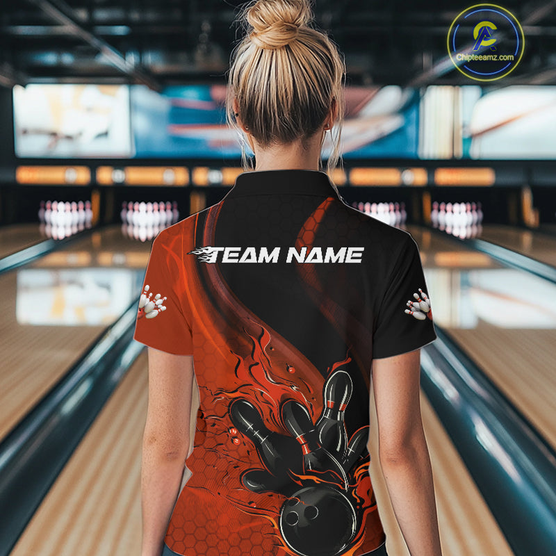 Custom Black And Orange Flame Bowling Women Quarter-Zip Shirt, Bowling Team League Shirt IPHW9873