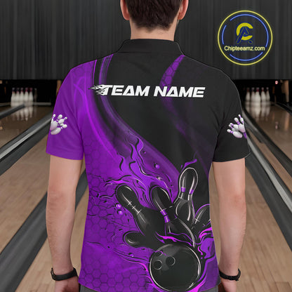 Custom Black And Purple Flame Bowling Polo Shirt For Men, Bowling Team League Shirt IPHW9874